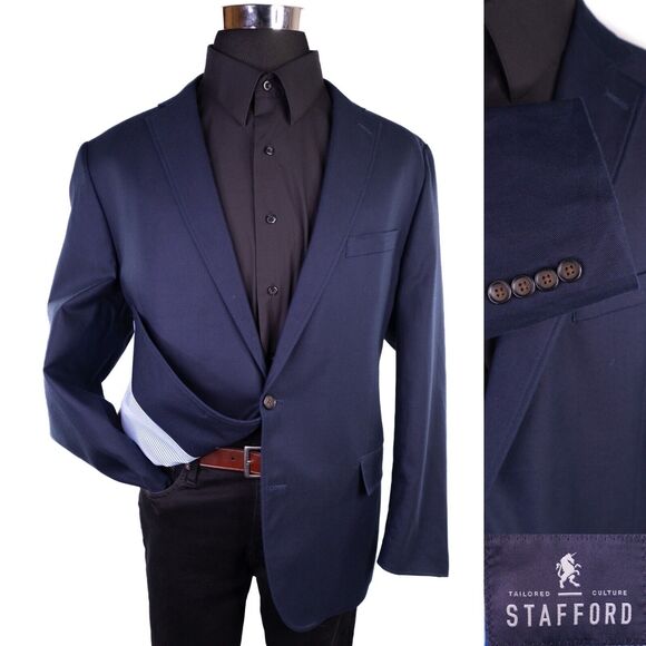 Stafford Classic Fit Sport Coat Blazer Blue Cotton 2 Button Jacket Mens 46R EUC - Picture 1 of 13